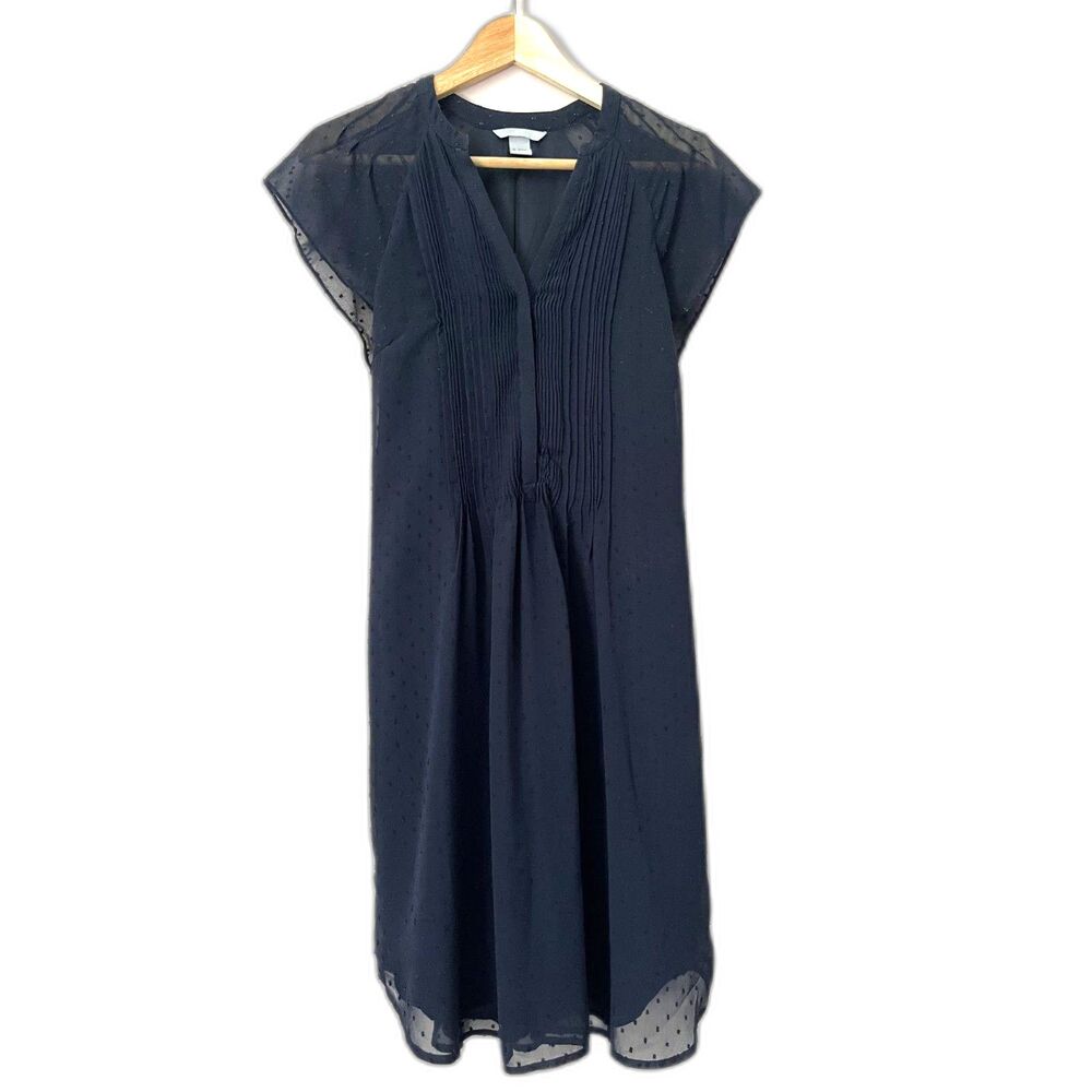 H&M Smocked Semi-Sheer Swiss Dot Flowy Dress Sz 6 Navy Blue Fairy Preppy Chic